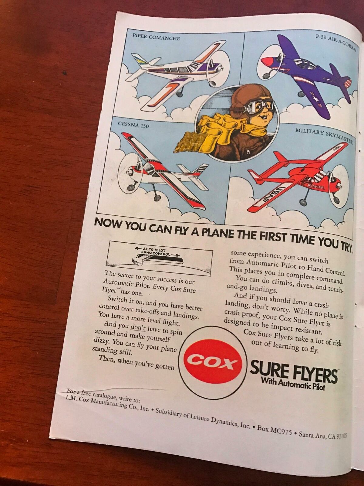 1975 VINTAGE 6X10 COMIC TOY PRINT AD FOR COX SURE FLYERS AIR-A-COBRA, SKYMASTER