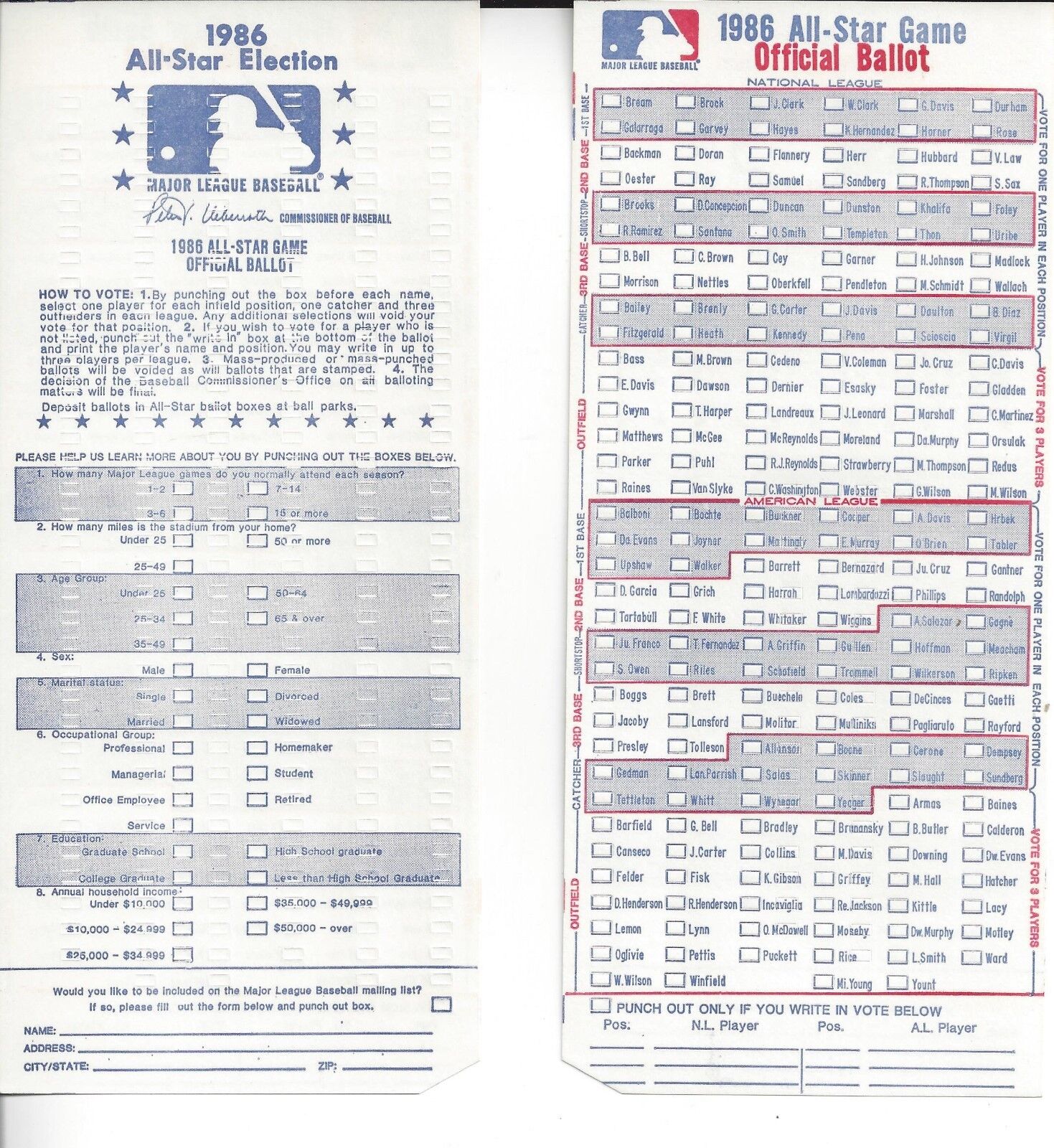 Vintage 1986 MLB All Star Offical Ballot 