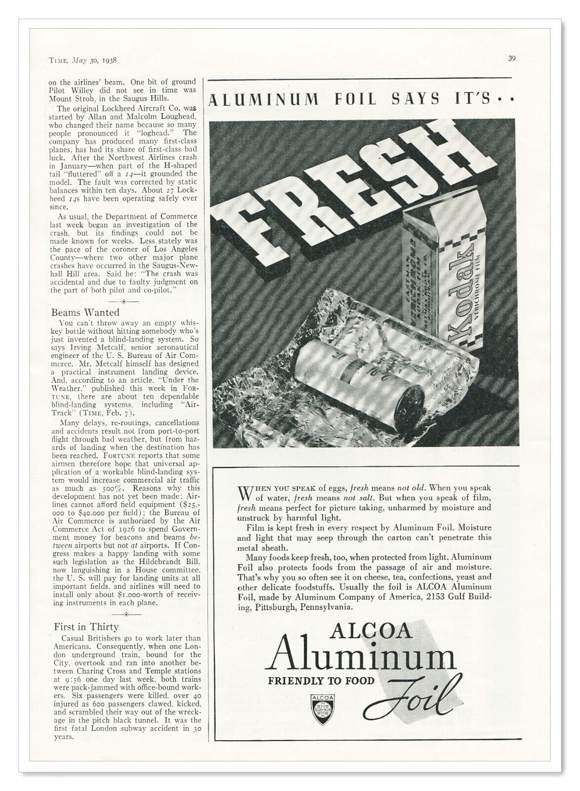 Print Ad Alcoa Aluminum Foil Kodak Film Vintage 1938 3/4-Page Advertisement