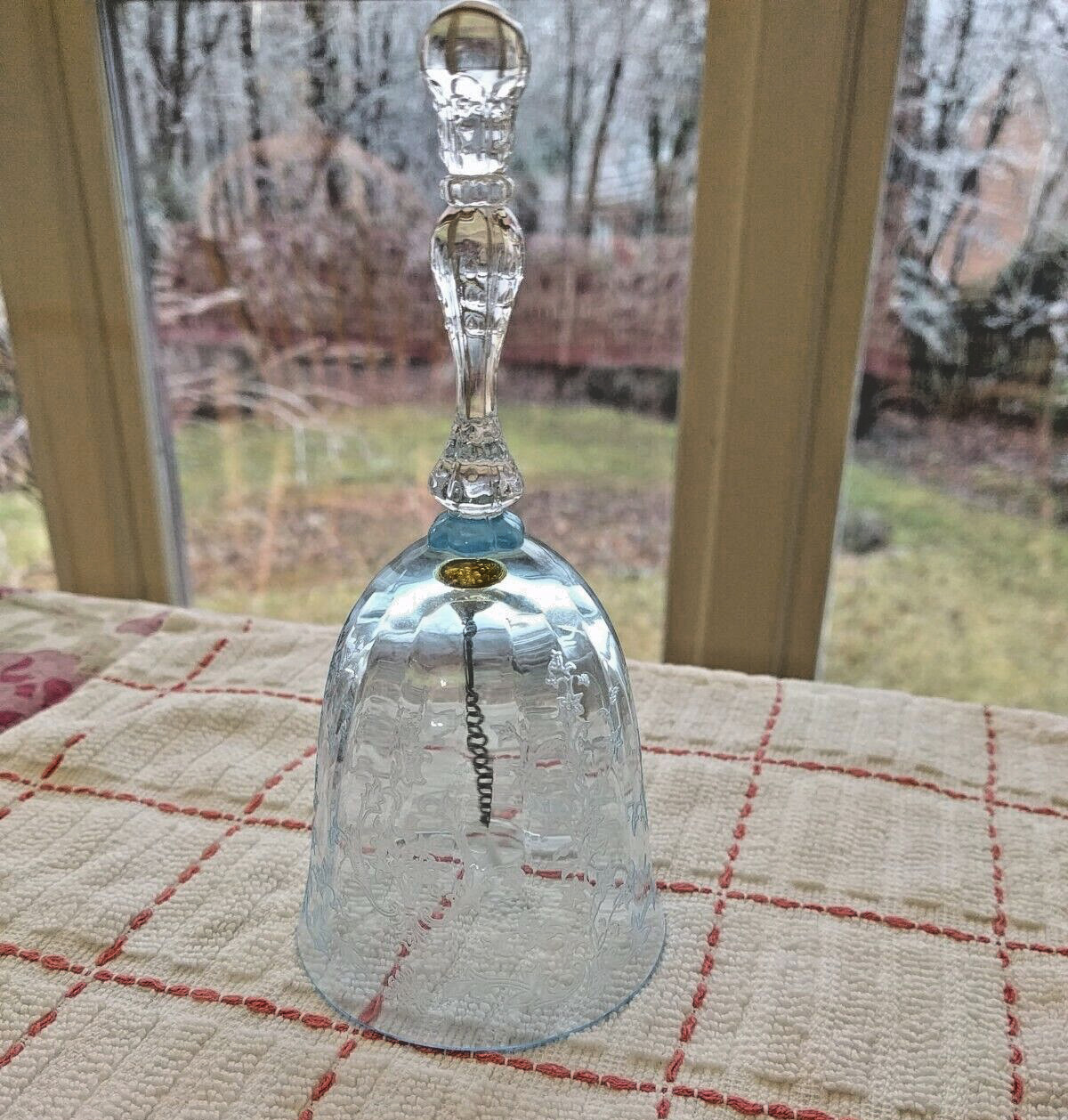 Vintage Etched Glass Bell, Lovely Light Blue Color with floral pattern