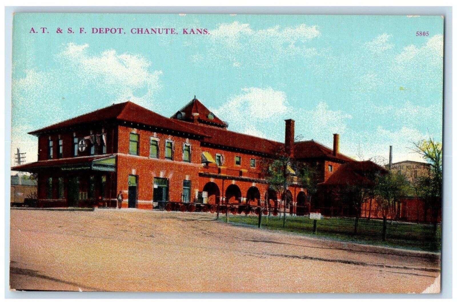 c1910\'s A. T. & S. F. Depot Train Station Chanute Kansas KS Antique Postcard