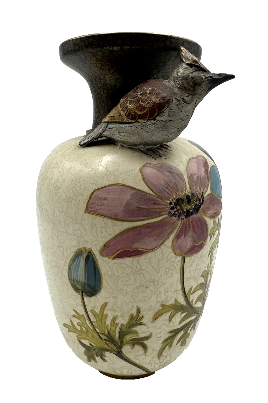 Early 20c English Vase 3D Kingfisher Bird Handpainted Flowers Royal Doulton