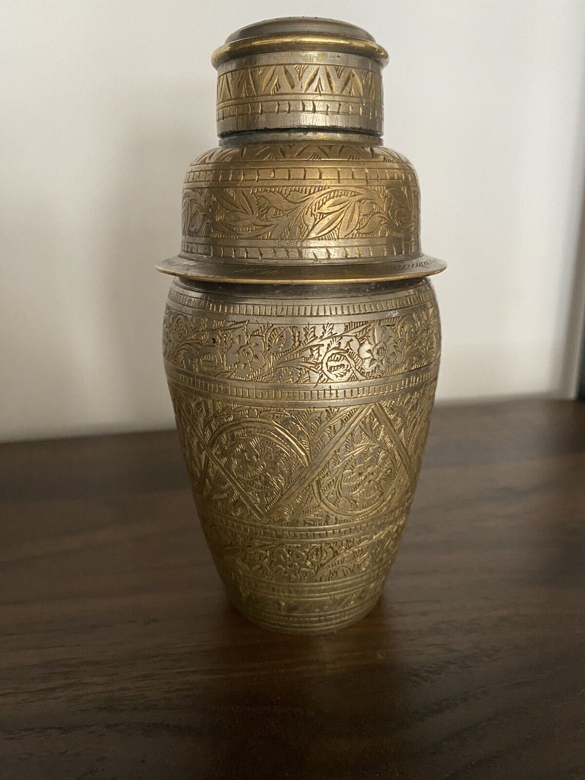 Vintage Hand Tooled Etched Brass Cocktail Martini Shaker