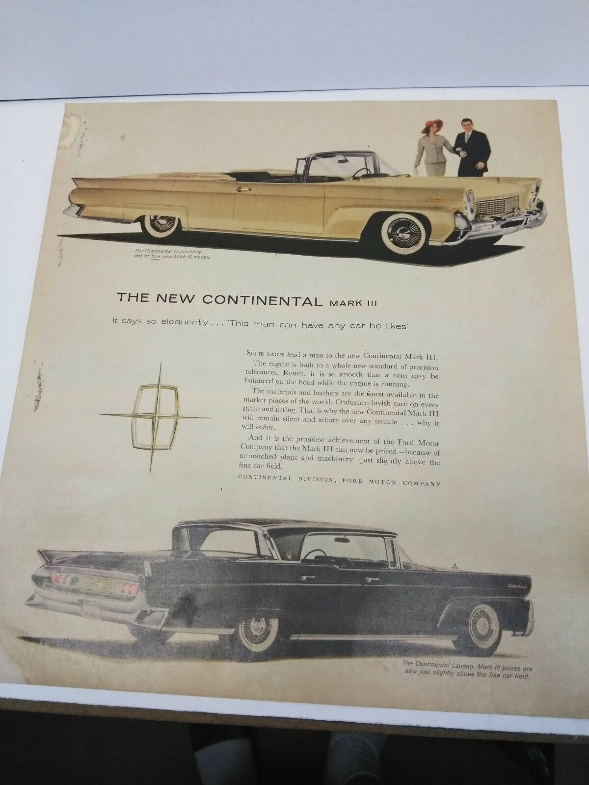 Vintage 1958 Lincoln The New Continental Mark III Car Ephemera Ad Page Magazine