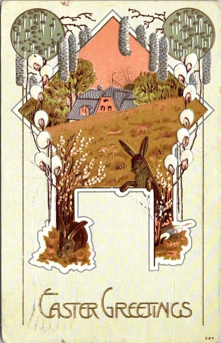 vintage postcard -EASTER GREETINGS rabbit and nice home scene posted 1910