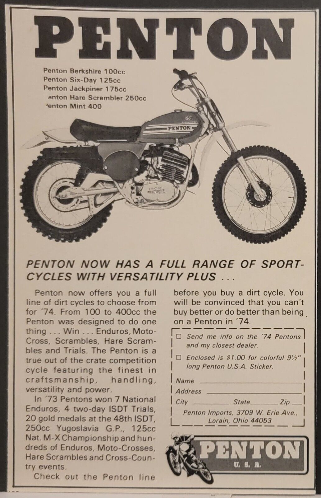 1974 Penton Motorcycle Print Ad Berkshire 6 Day Jackpiner Mint 400