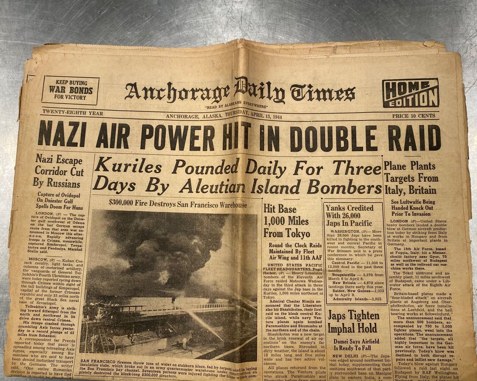 APRIL 13, 1944 WORLD AT WAR NEWSPAPER-LOTS OF LOCAL & WORLD WAR 2 NEWS