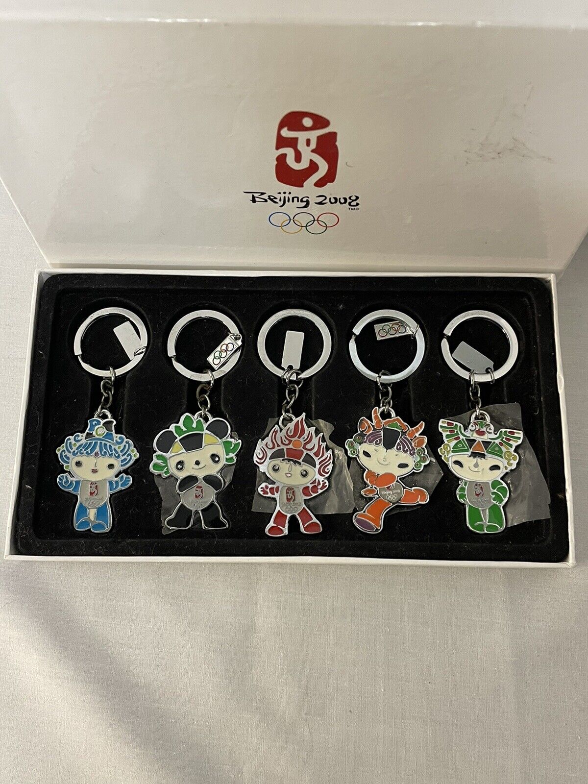 BEIJING 2008 SUMMER OLYMPIC GAMES CHINA OFFICIAL MASCOT 5 KEYCHAIN SET NEW BOX