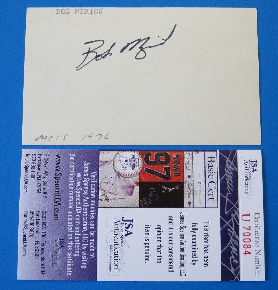 BOB MYRICK SIGNED 3x5 INDEX CARD ~ NY METS - TOUGH BASEBALL AUTO ~ JSA U70084
