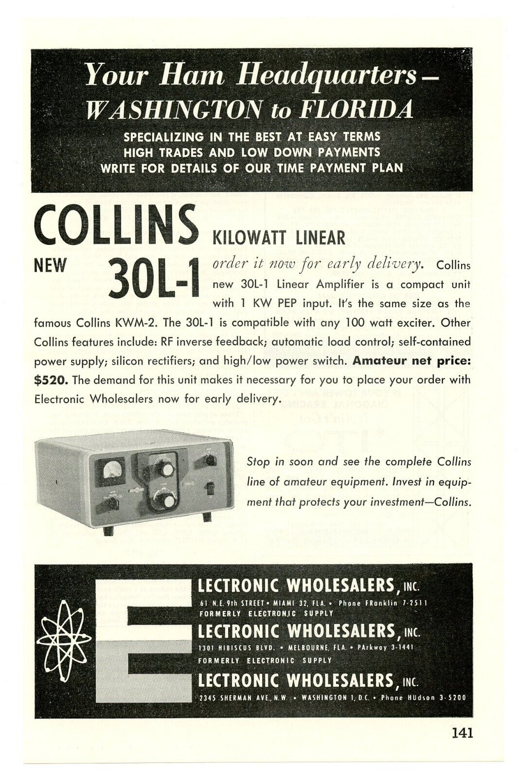 QST Ham Radio Mag. Ad COLLINS Model 30L-1 Kilowatt Linear Amplifier (8/61)