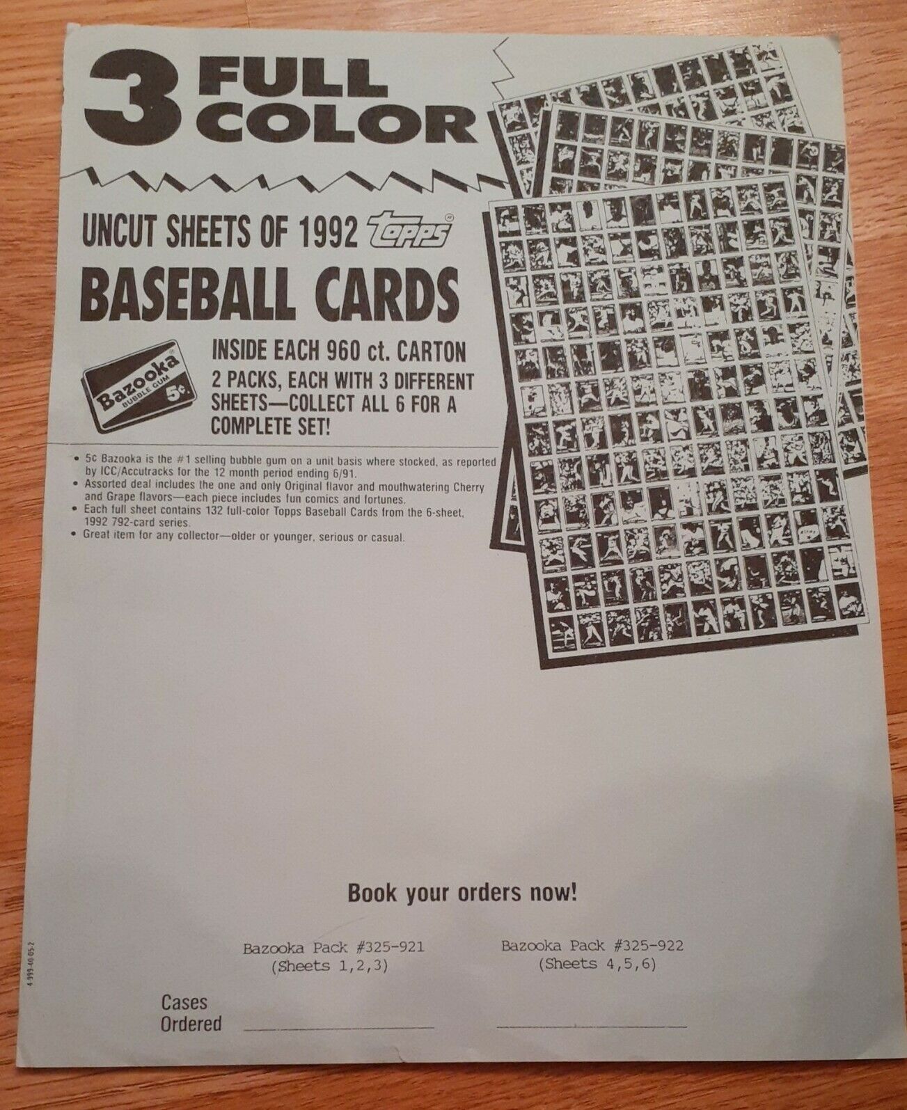  1992 Topps Uncut Baseball Cards- DEALER SELL SHEET 