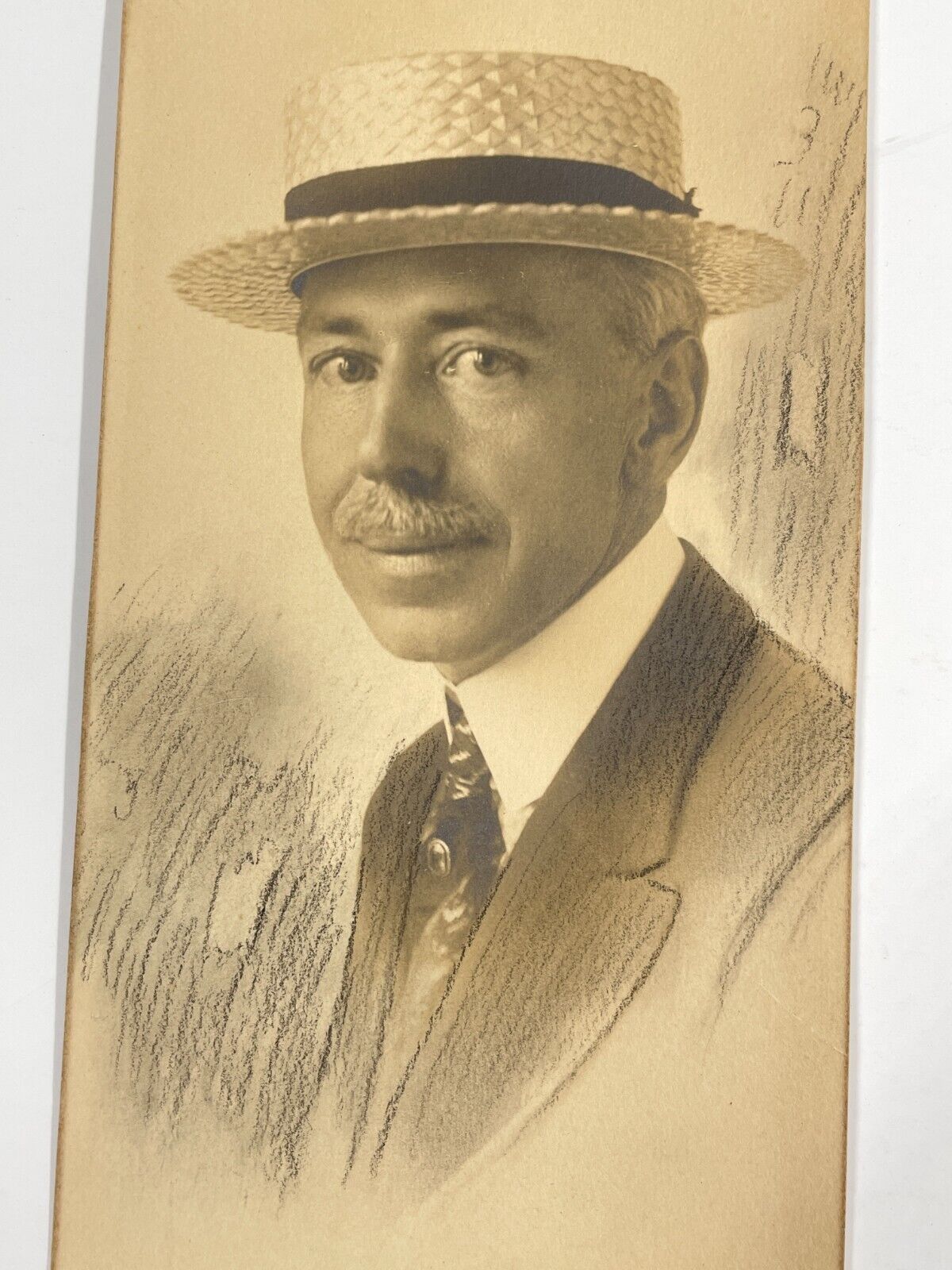 BX Photograph Handsome Older Gentleman Old Man Straw Hat Photo With Pencil Art