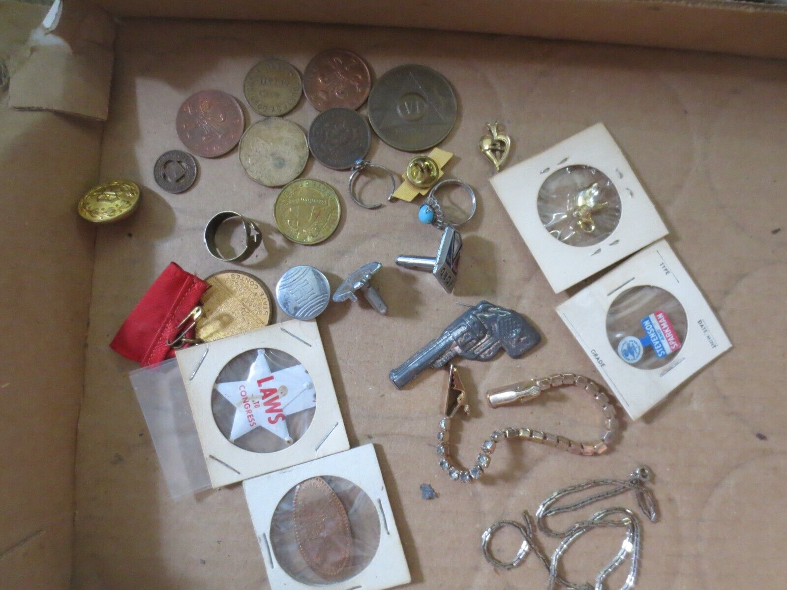Vintage Junk Drawer lot Tokens political tags Rings Chevy Ford