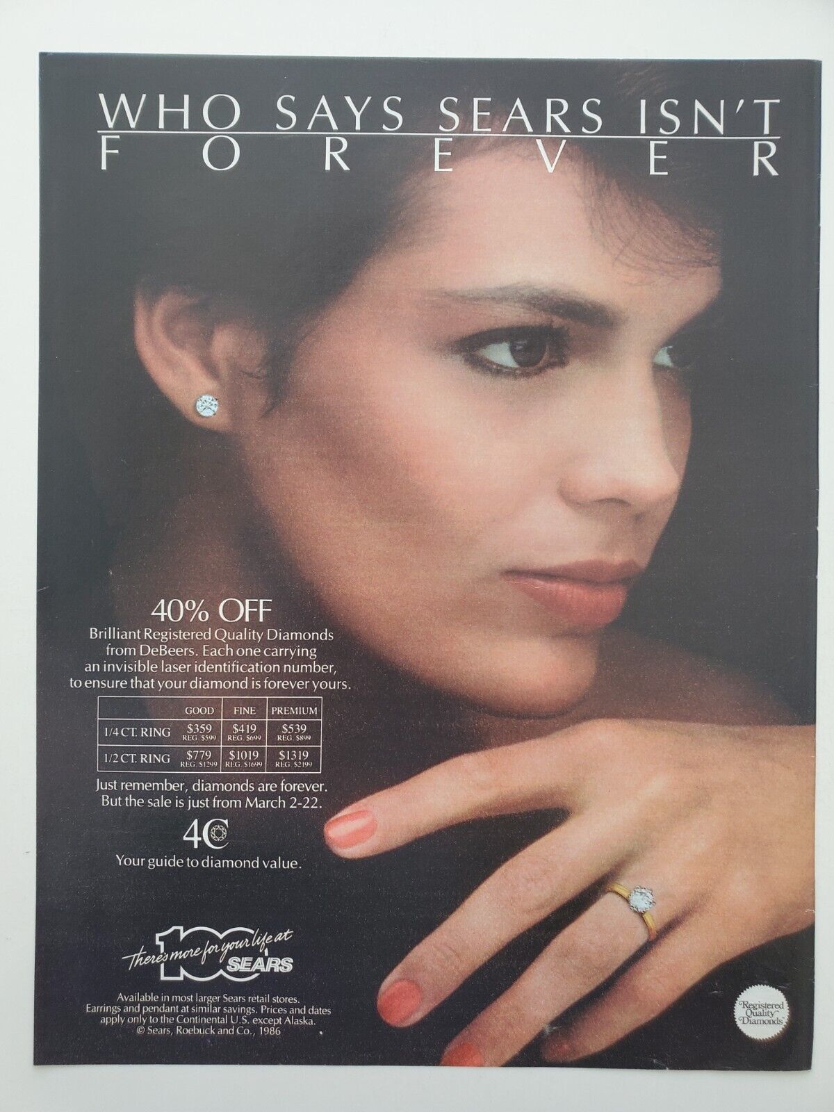 Sears Debeer's Woman's Face Hand Diamond Ring Earrings  1986 Vintage Print Ad