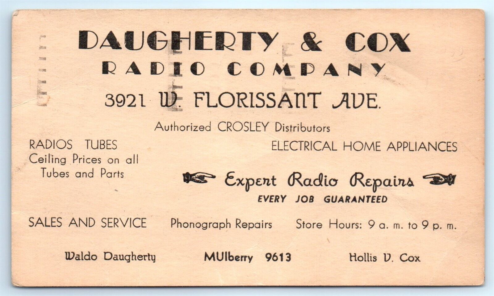 Daugherty & Cox Radio Tubes & Repairs Phonograph Postcard - St. Louis, MO HH