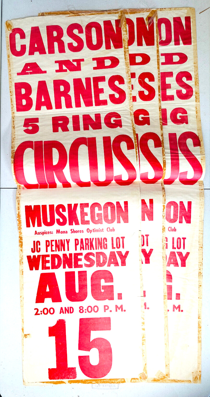 vtg (x3) Carson Barnes Muskegon MI circus carnival broadside poster advertising