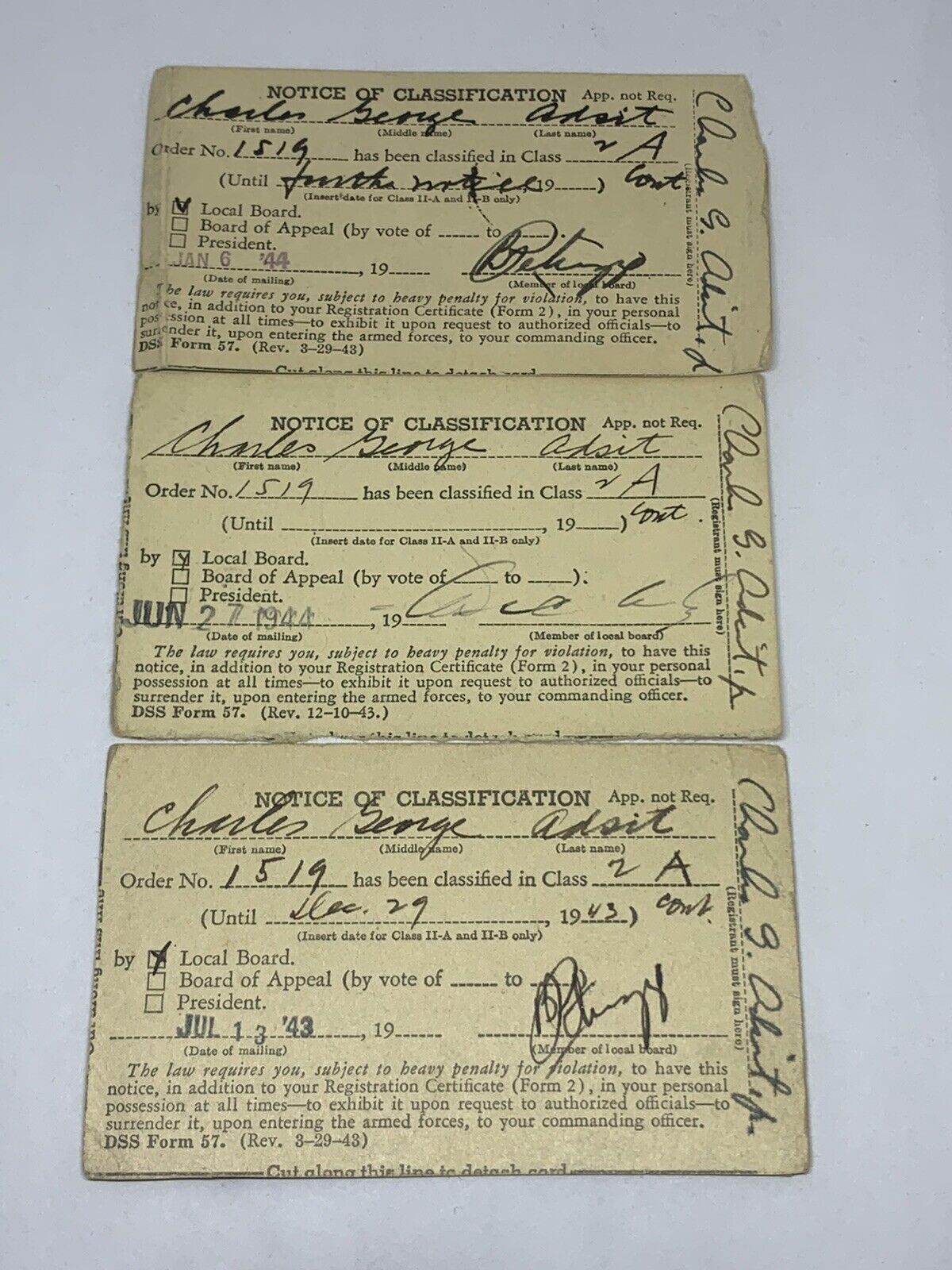 WWII Selective Service Classification Cards Lot of 3 1943 1944 Loews New York NY