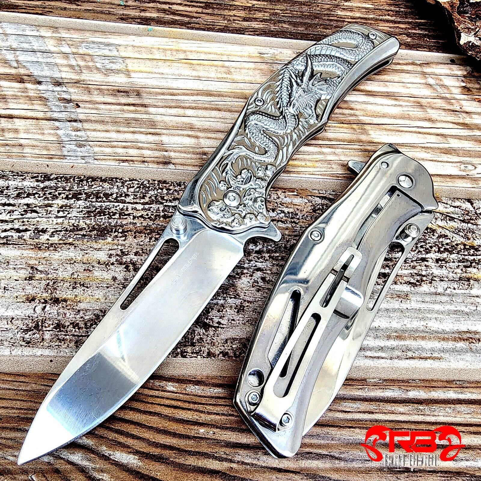 8” Silver Dragon Knife Tactical Spring Assisted Open Blade Folding Pocket Knife