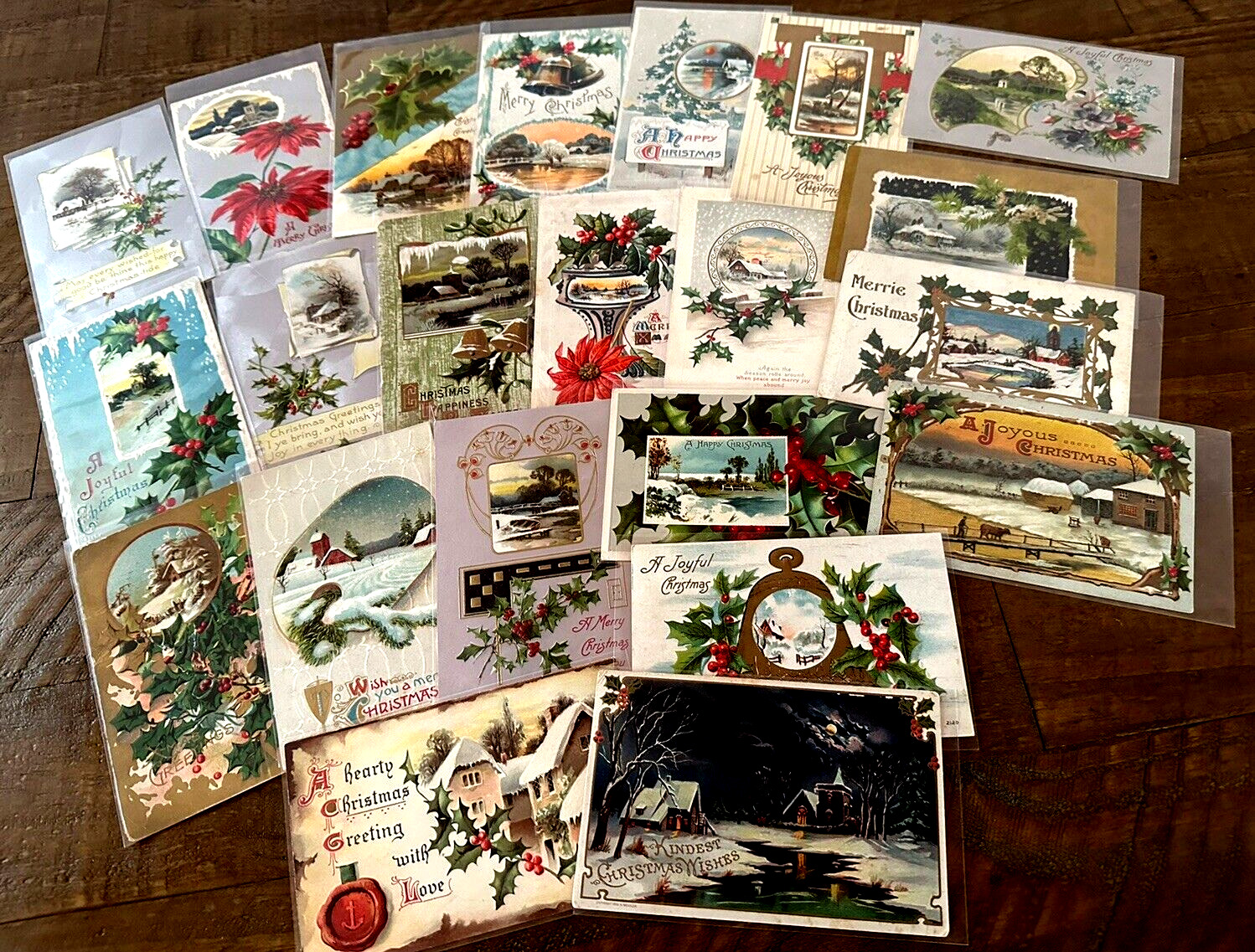 Lot of 22 Vintage~Christmas Postcards with Winter Snowy & Village Scenes-h966