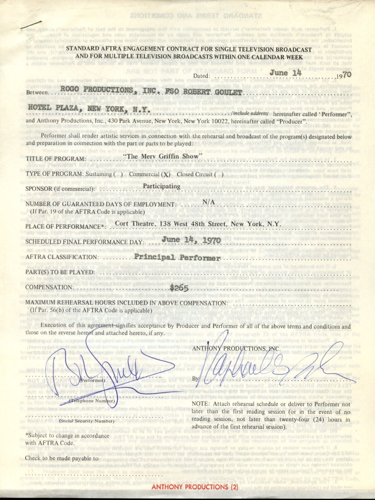 Robert Goulet signed autograph 8.5x11 Original Merv Griffin 1970 Show Contract