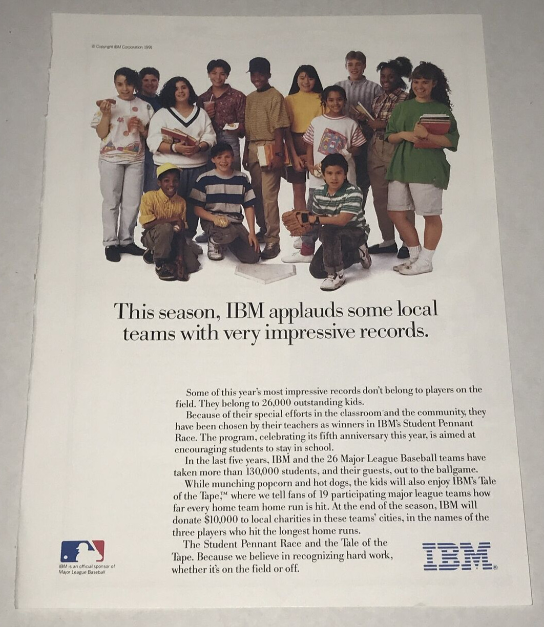 Vintage 1991 IBM Kids MLB Major League Baseball Magazine 8.5 x 11 Print Paper Ad