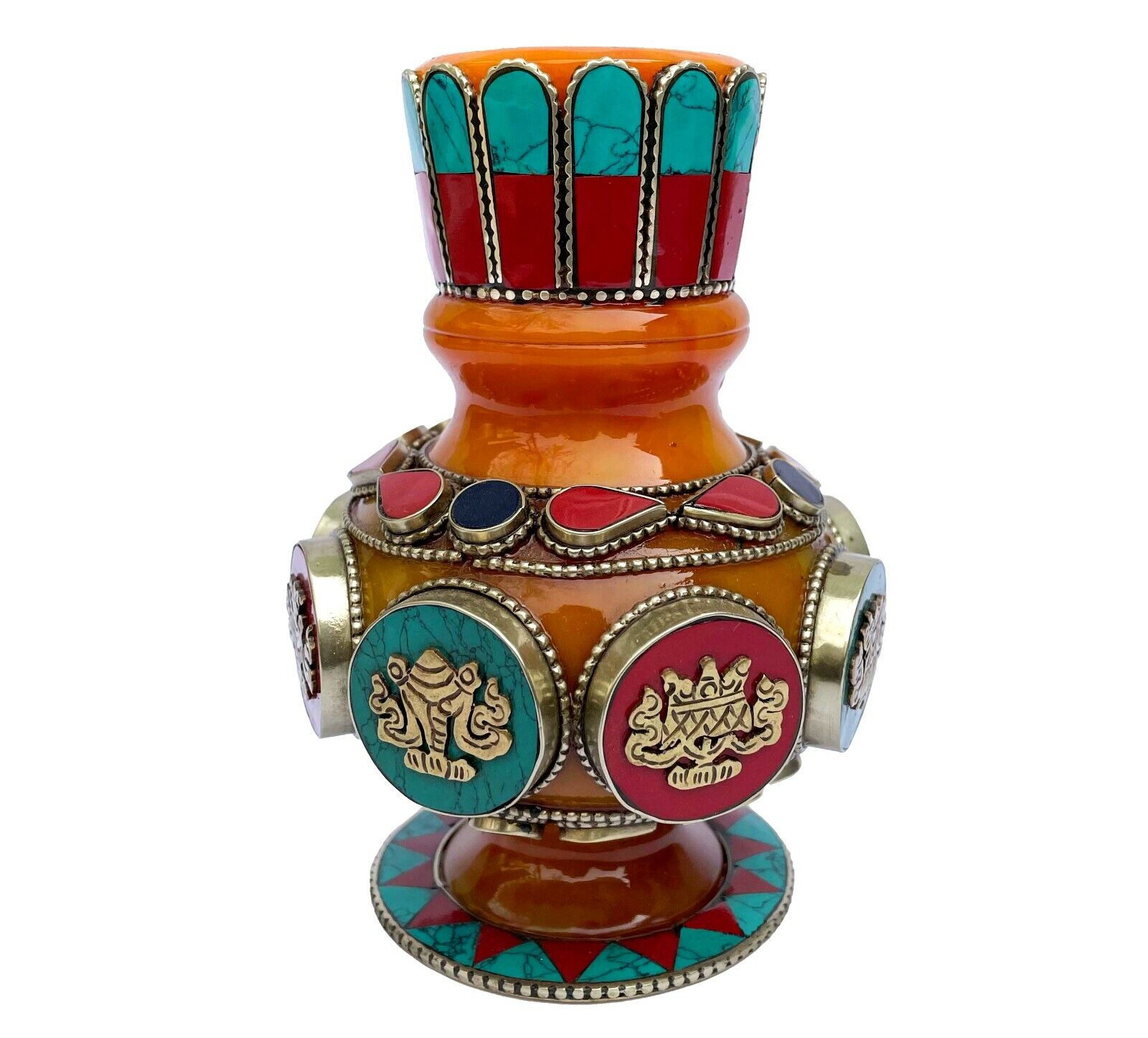 Amber Tibetan Flower Vase Buddhist Nepal Turquoise Coral Stone Copper Work Décor