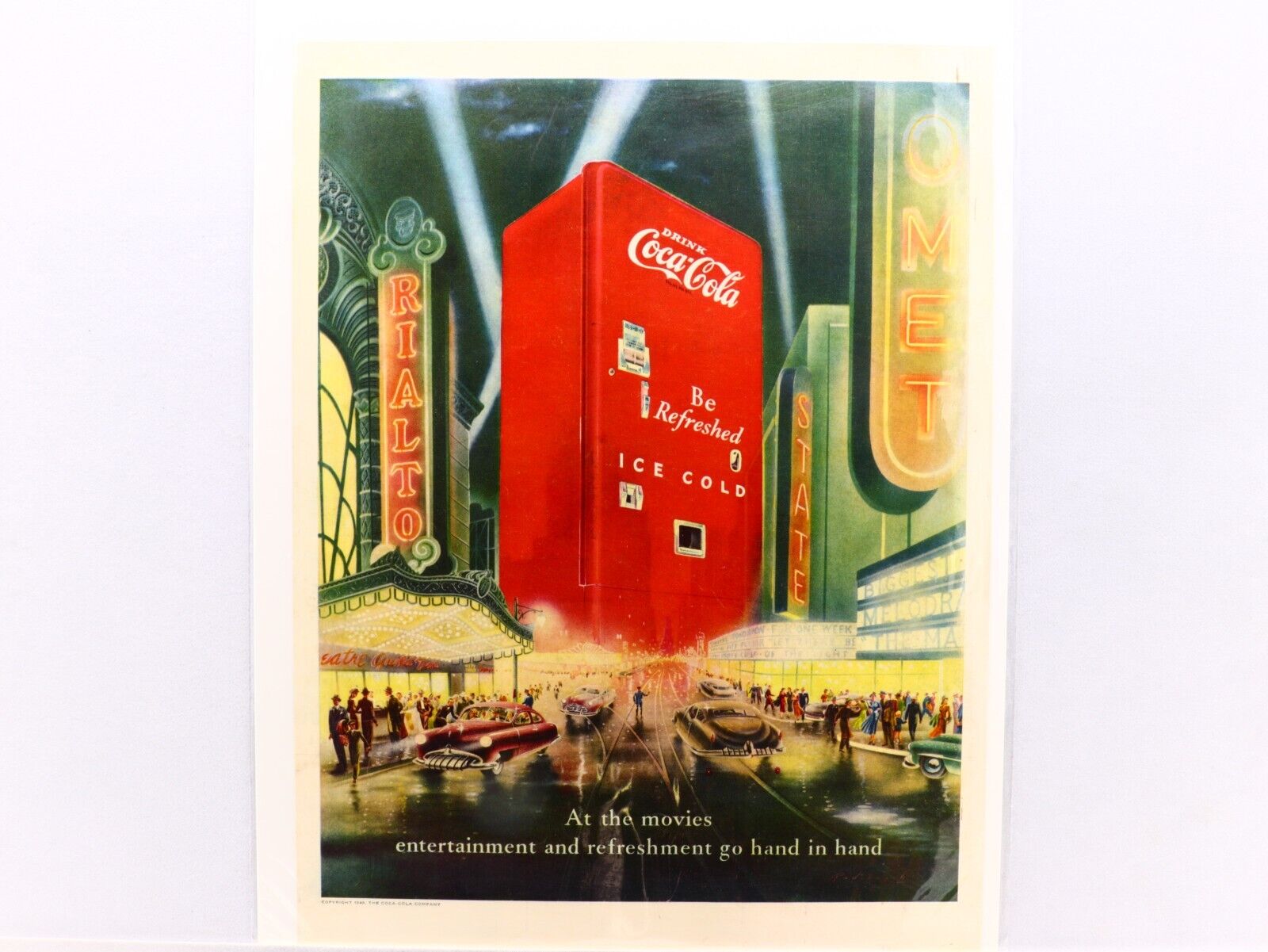 1949 Coca-Cola Ad, Iconic Coke Machine And A Futuristic Cosmopolitan City View.
