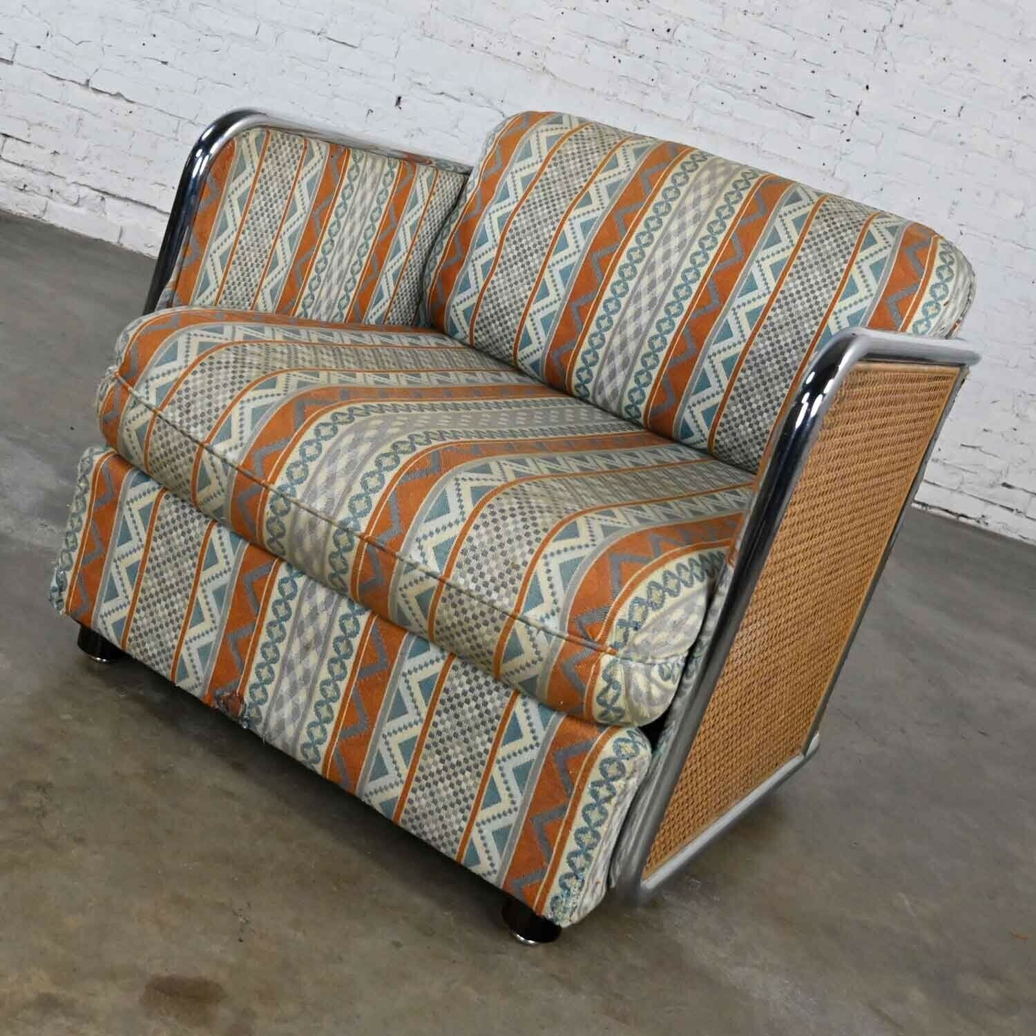 Milo Baughman Chrome & Cane Square Tub Chair Blue Rust Fabric 1438 Thayer Coggin