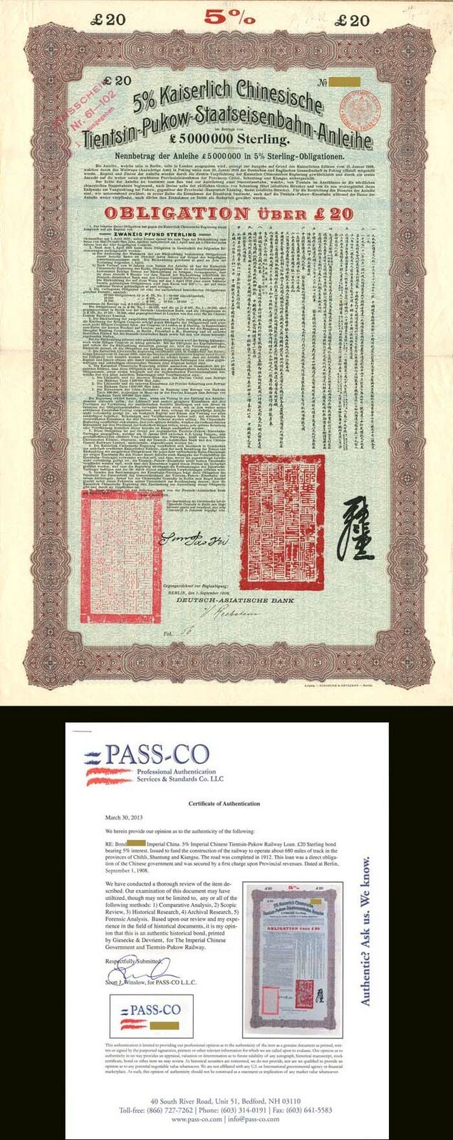 Tientsin-Pukow Railway Loan of 1908 20 Chinese Uncanceled Bond - China - Chinese