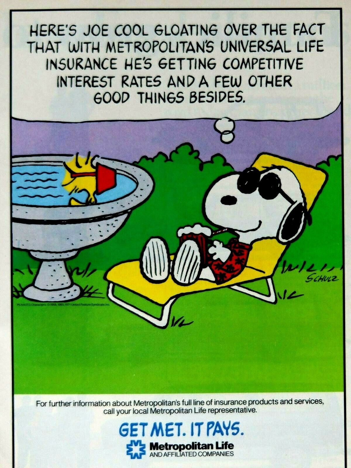 Peanuts Snoopy Joe Cool Woodstock VTG Charles Schulz 1985 Met Life Original Ad 