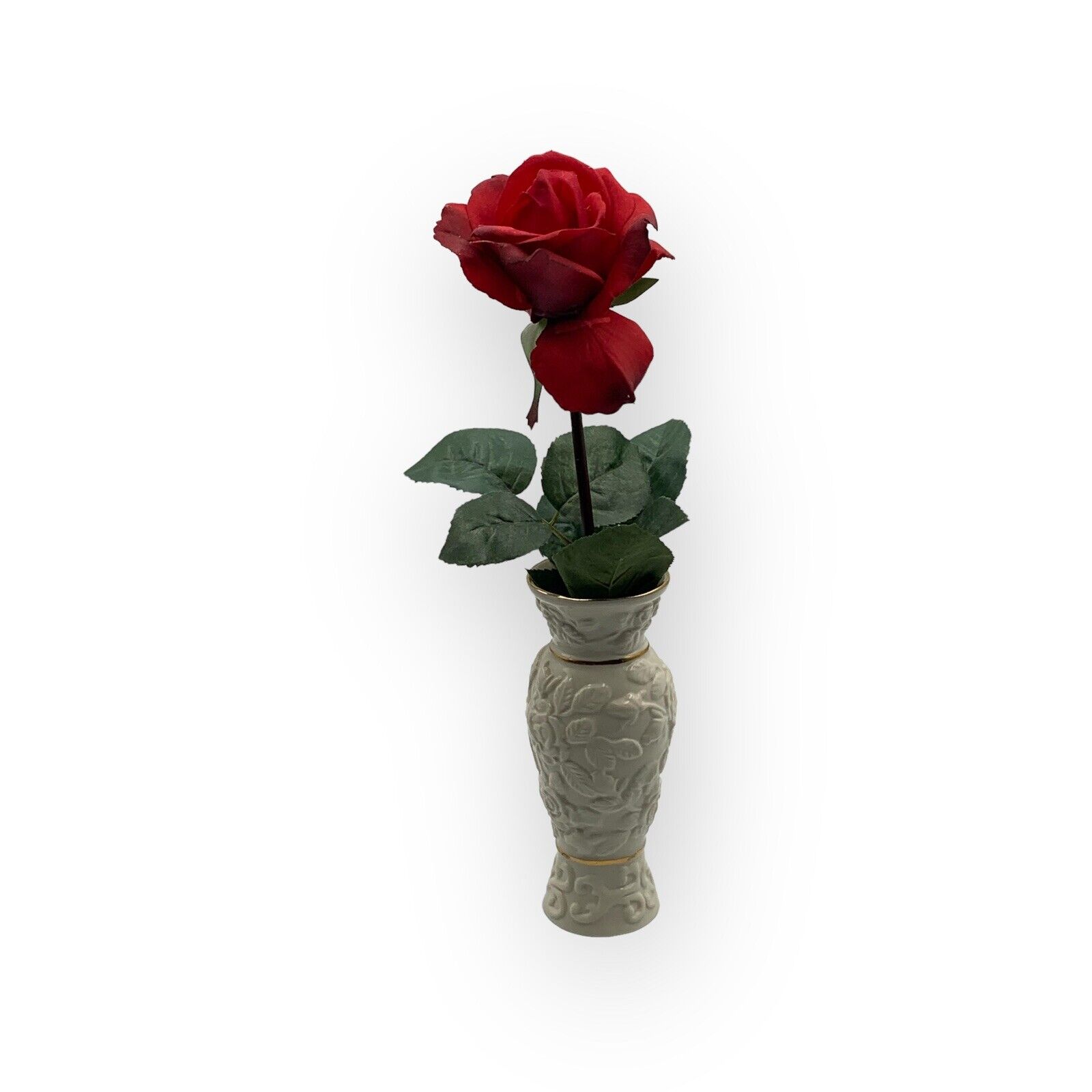 Vintage Ivory Porcelain Rose Embossed Vase W/Gold Rim Trim