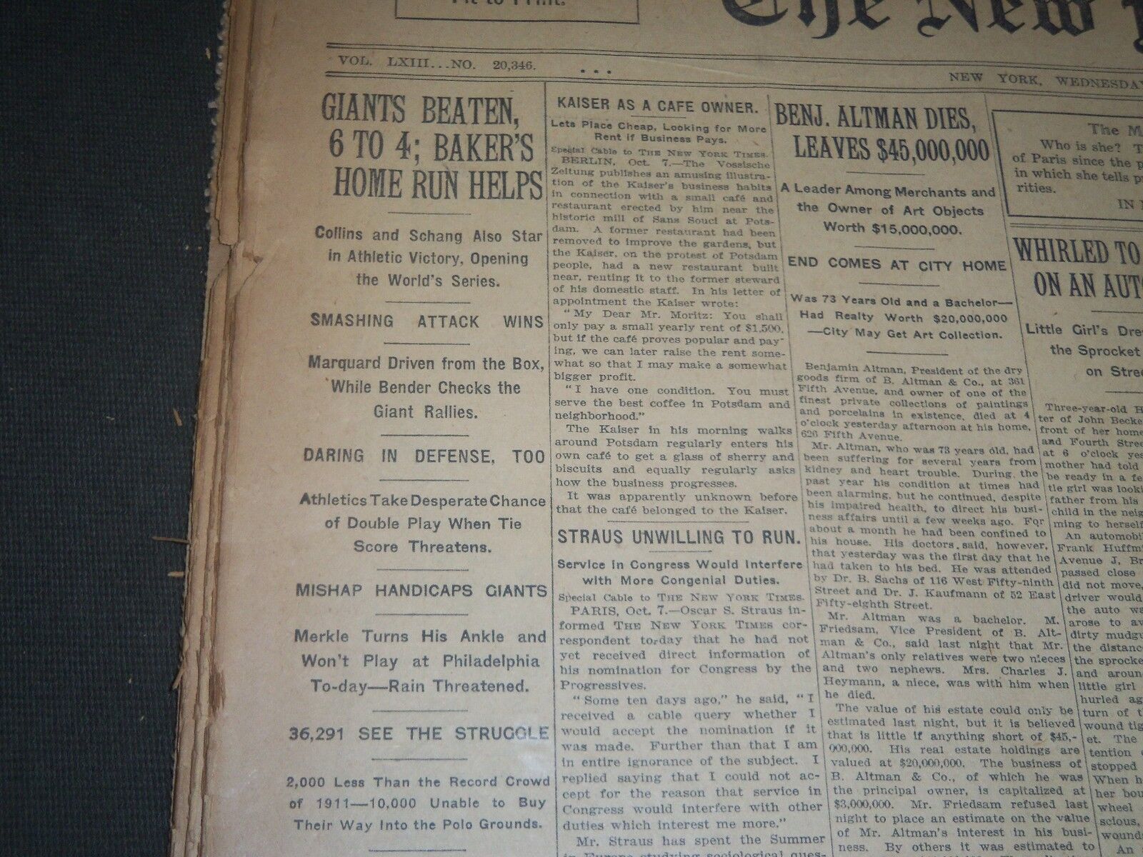 1913 WORLD SERIES A\'S DEFEAT GIANTS 4-1 NEW YORK TIMES LOT OF 4 - NT XXXX