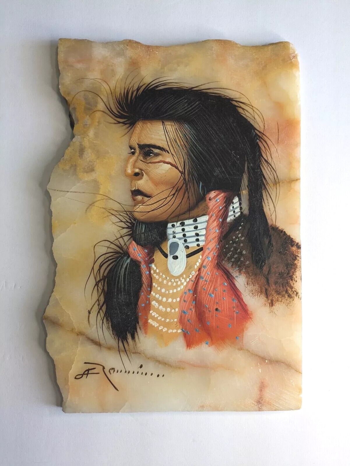 Art Original Signed Painting Portrait American Native Indian Marble Slab Chief 