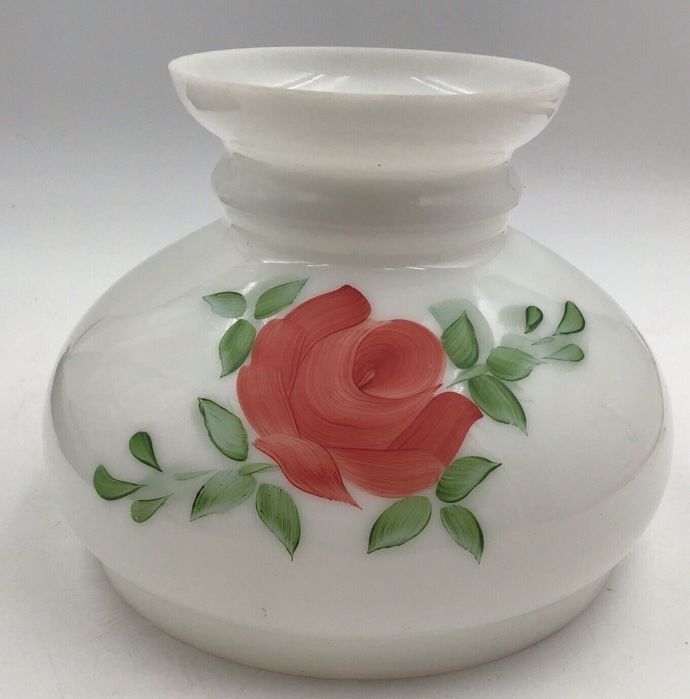 Vintage Lamp Shade White Milk Glass Hand Painted Pink Rose 6.5” Opening