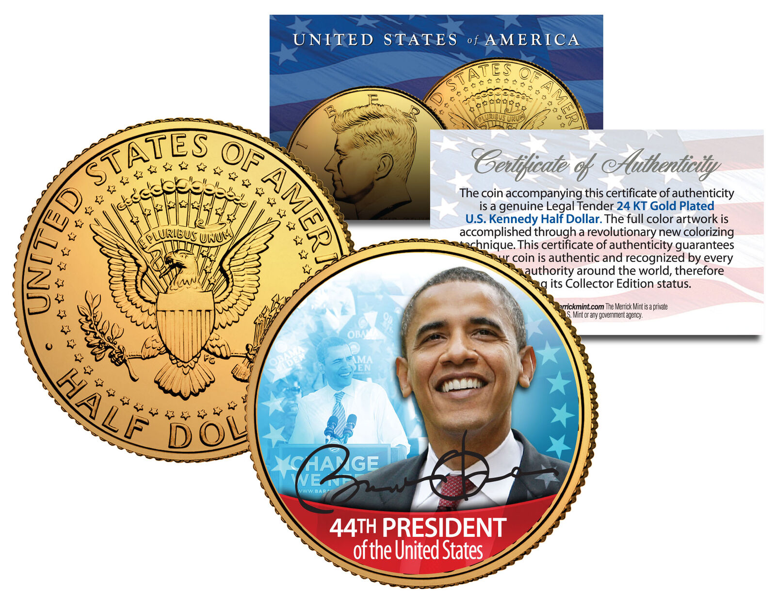 BARACK OBAMA *44th President* 24K Gold Plated JFK Half Dollar US Colorized Coin