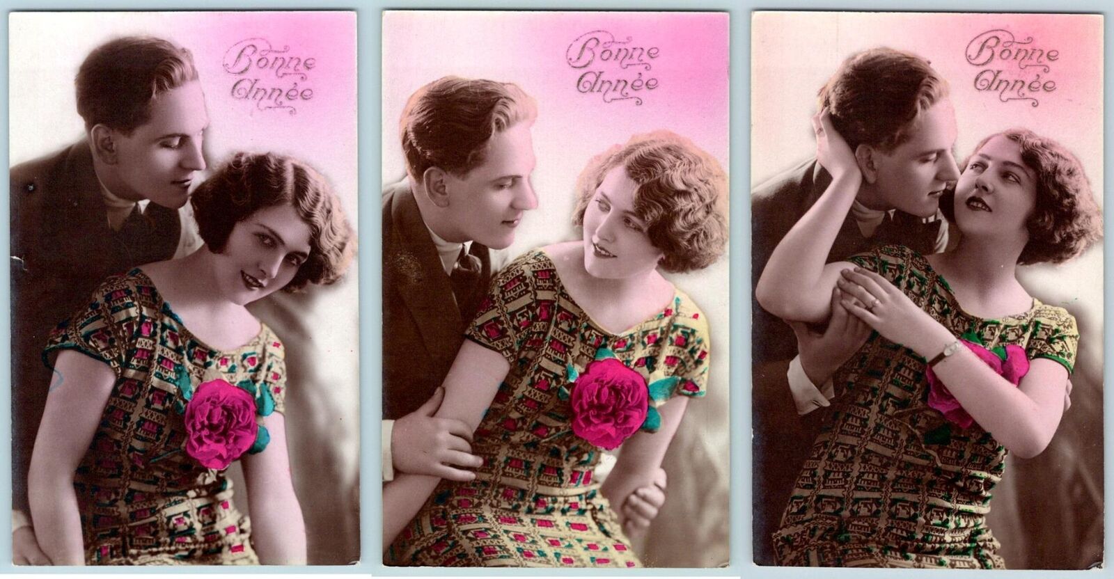1930's RPPC S/3 FRENCH HAPPY NEW YEAR HANDCOLORED ROMANTIC COUPLE POSTCARDS