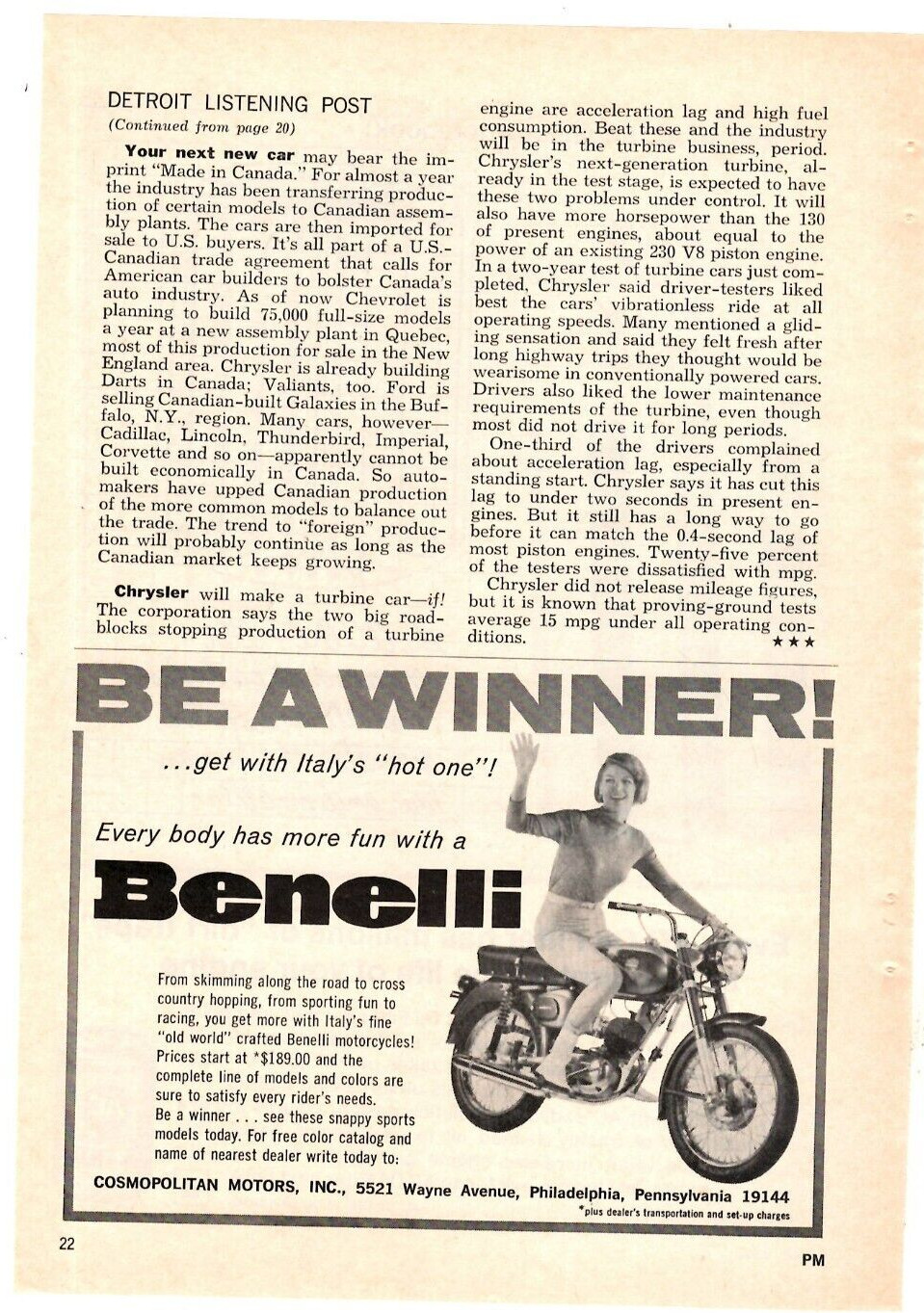 1966 Print Ad Cosmopolitan Motors Inc Benelli Motorcycles Be a Winner Italy\'s