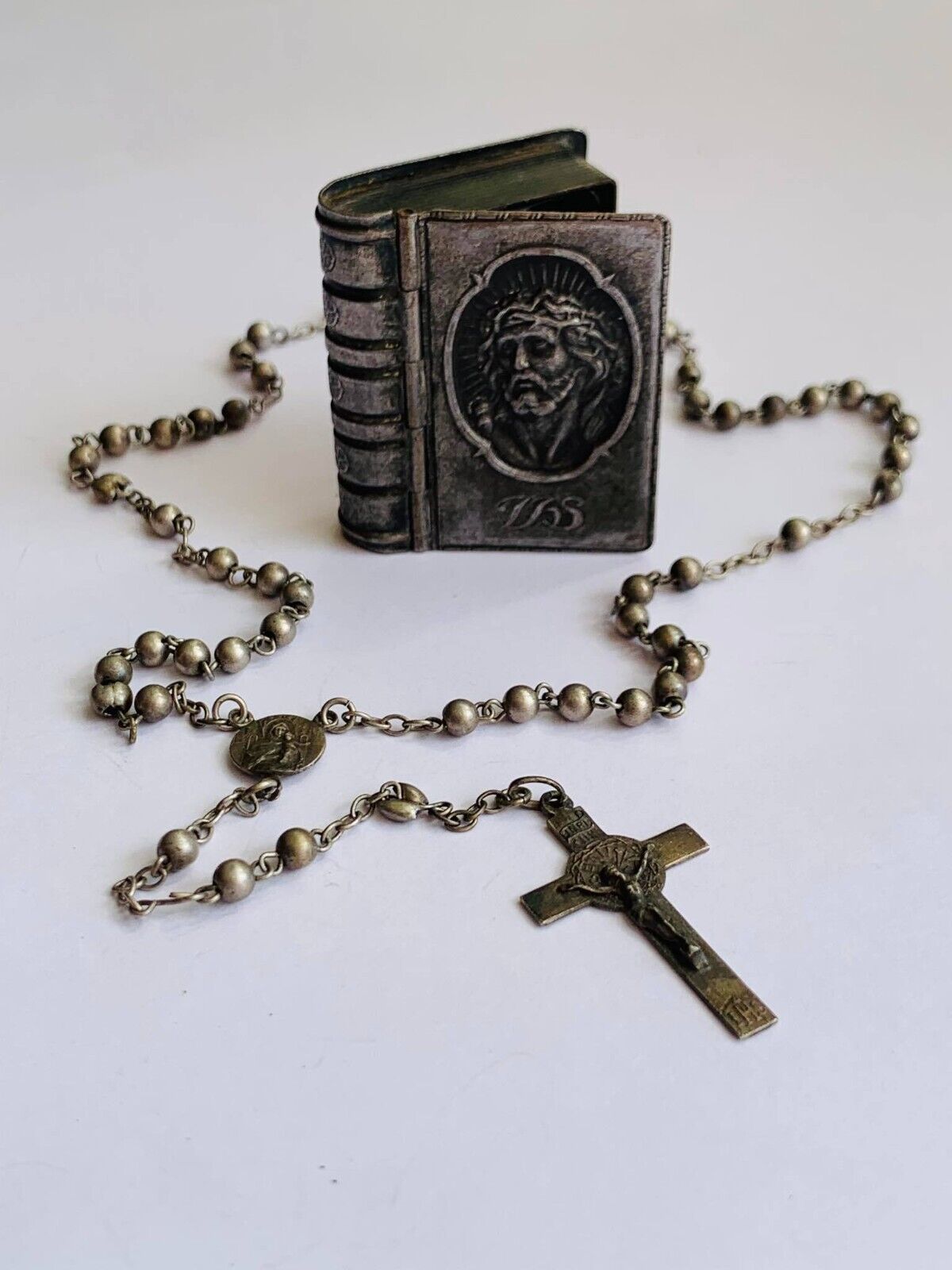 Cute Antique Catholic Rosary Silver Beads in Box Book Cross Crucifix Italy 20 gr