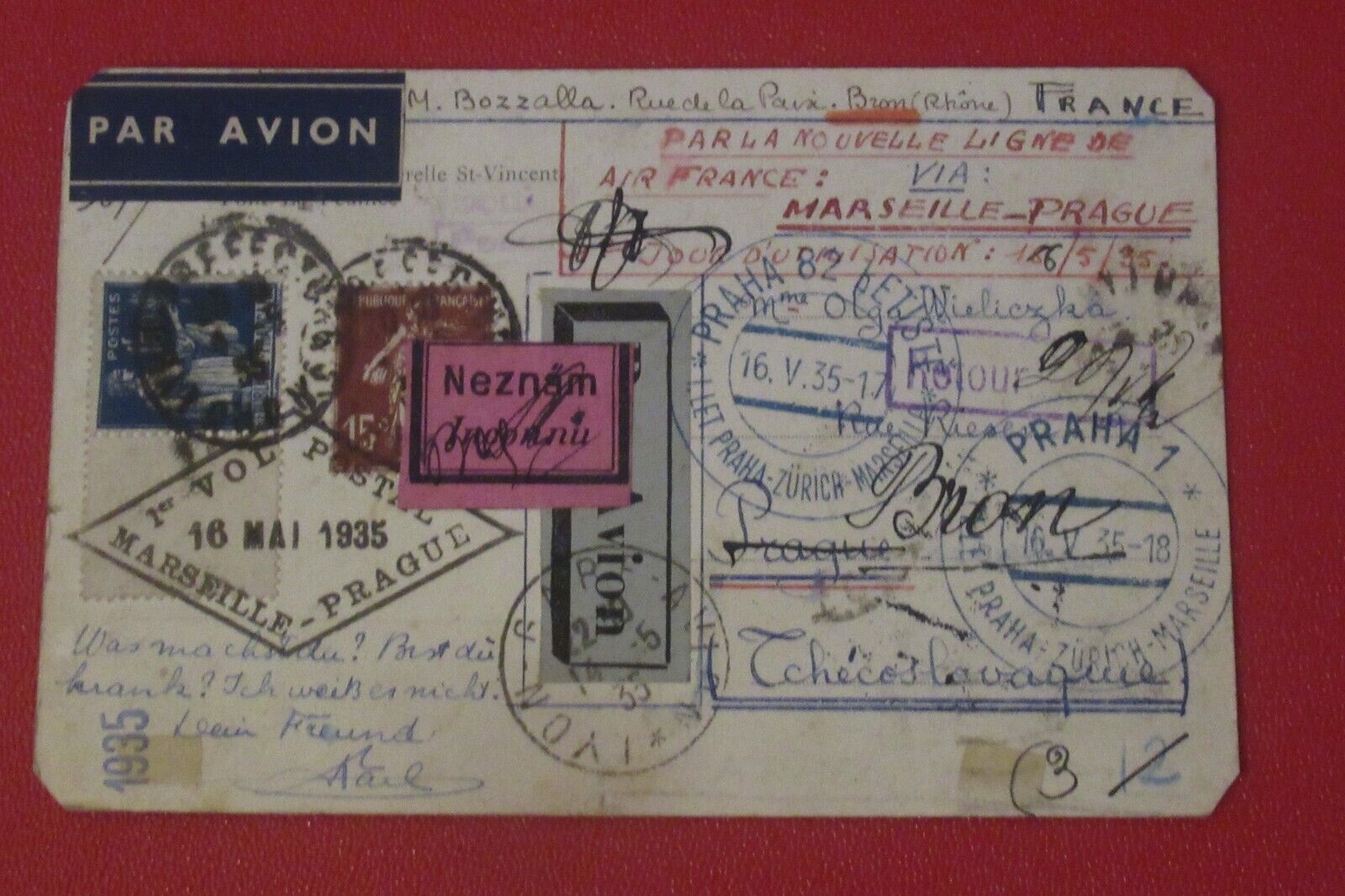 letter from BRON (RHONE) via the 1st MARSEILLE FLIGHT - PRAGUE of 16 May 1935
