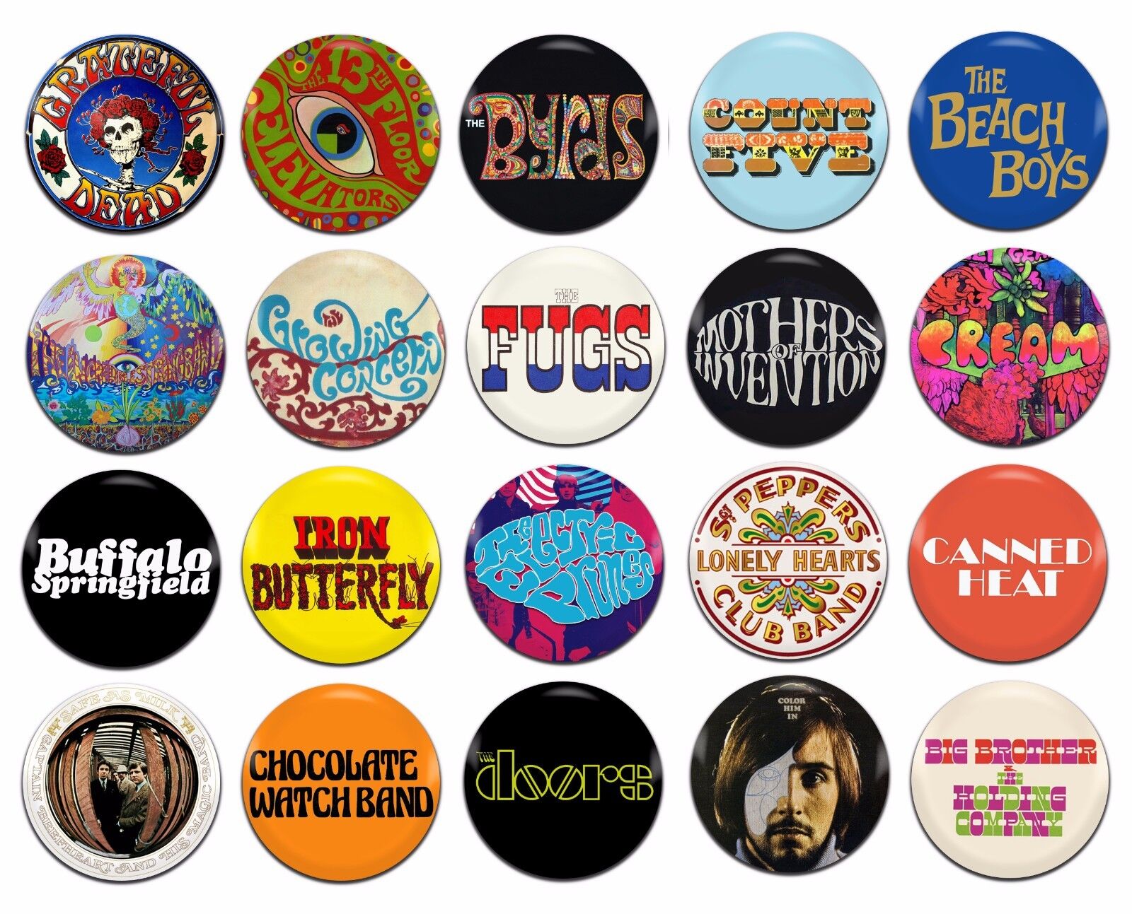 20x 60\'s Psychedelic Bands Artists [A-I] 25mm / 1 Inch D Pin Button Badges
