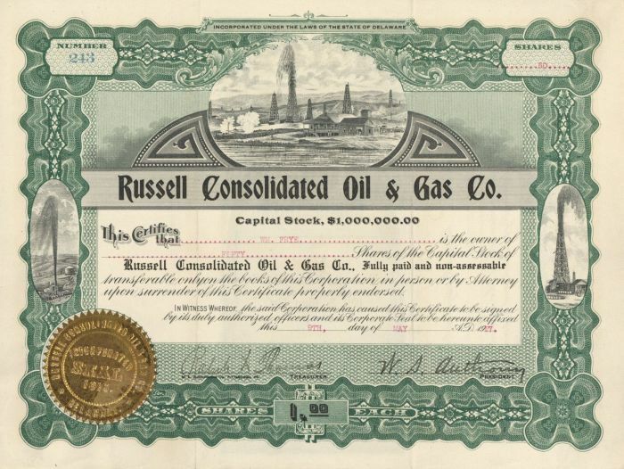 Russell Consolidated Oil and Gas Co. - Stock Certificate - Oil Stocks and Bonds