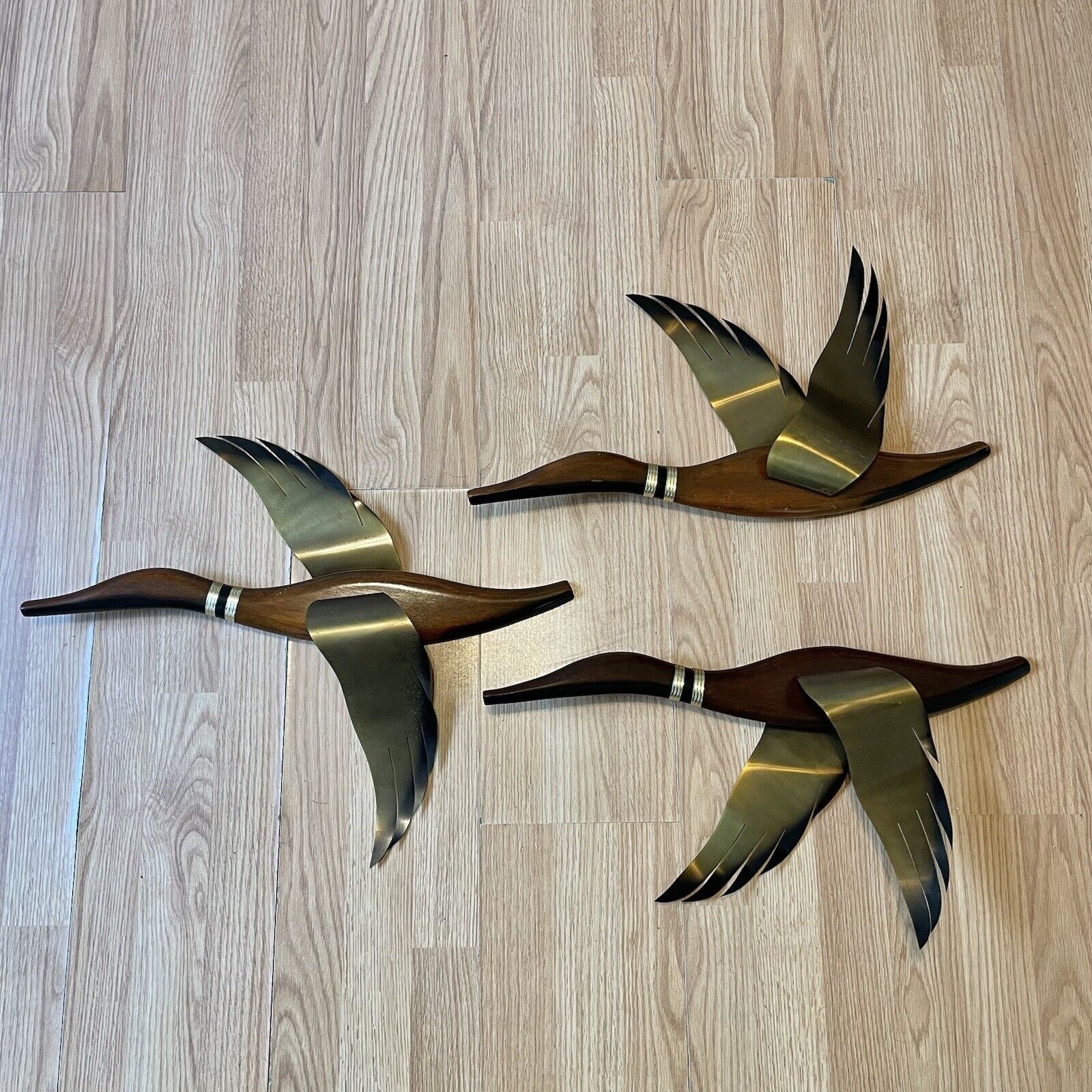 Set of 3 Vintage Flying Geese Ducks Wall Art Decor MCM Wood Brass Birds