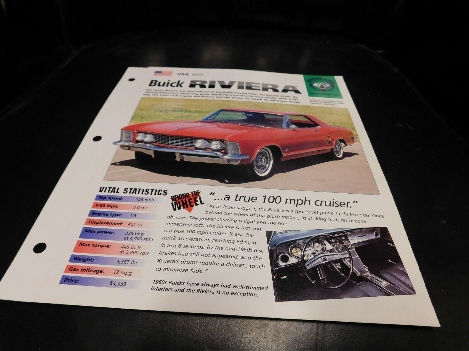 1963 Buick Riviera Spec Sheet Brochure Photo Poster