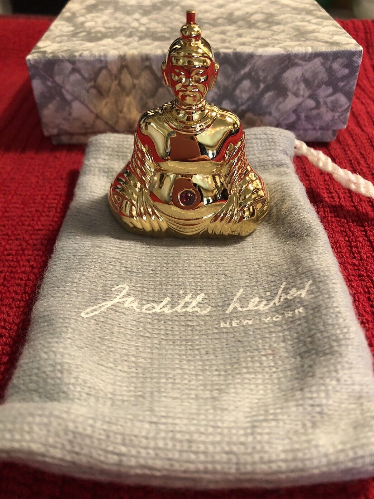 New Judith Lieber Gold Metal Buddha With Simulated Ruby Pill Box