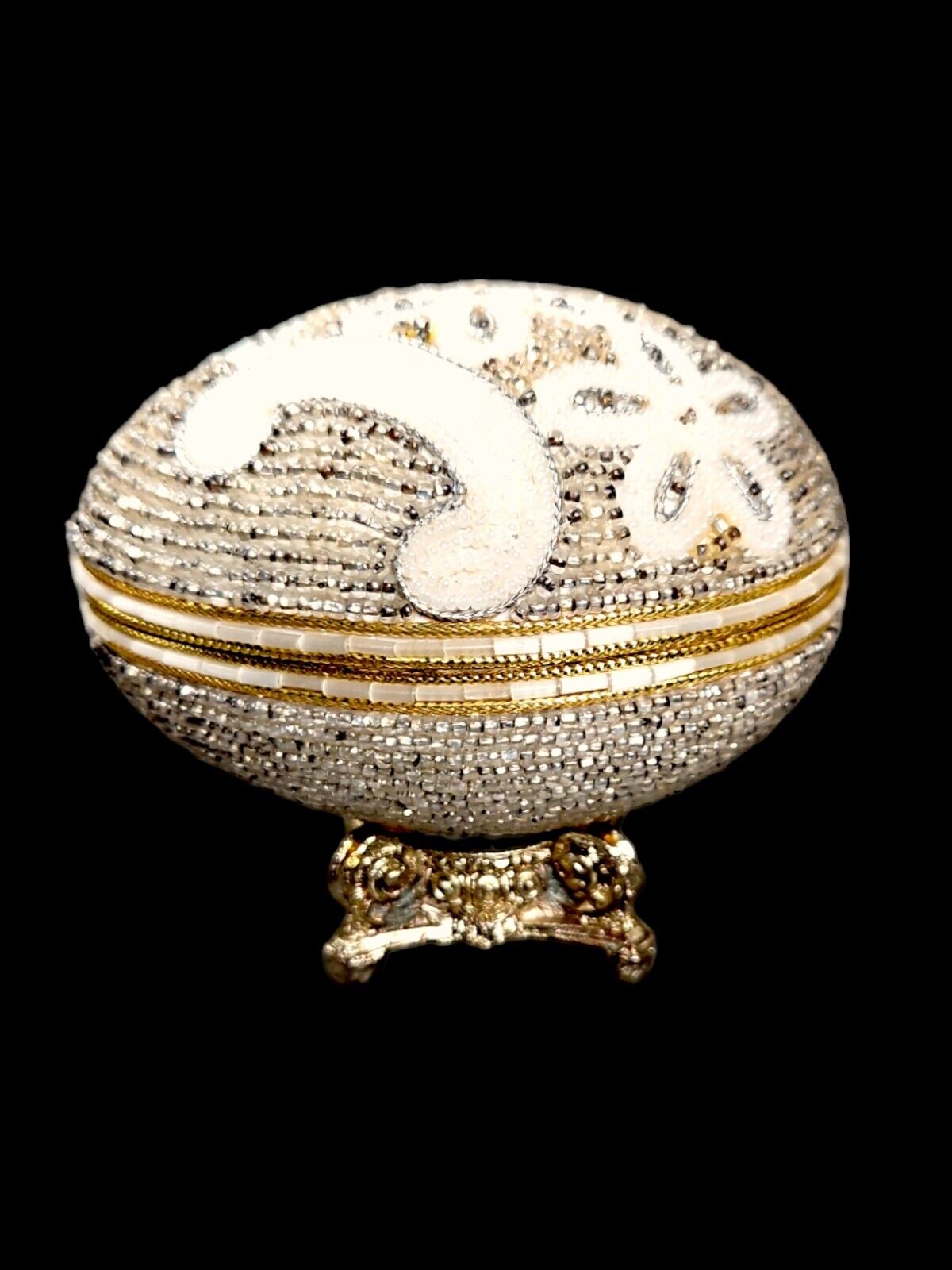 Vintage Handmade Faberge Inspired  Beaded Egg Trinket Box~Velvet Lined