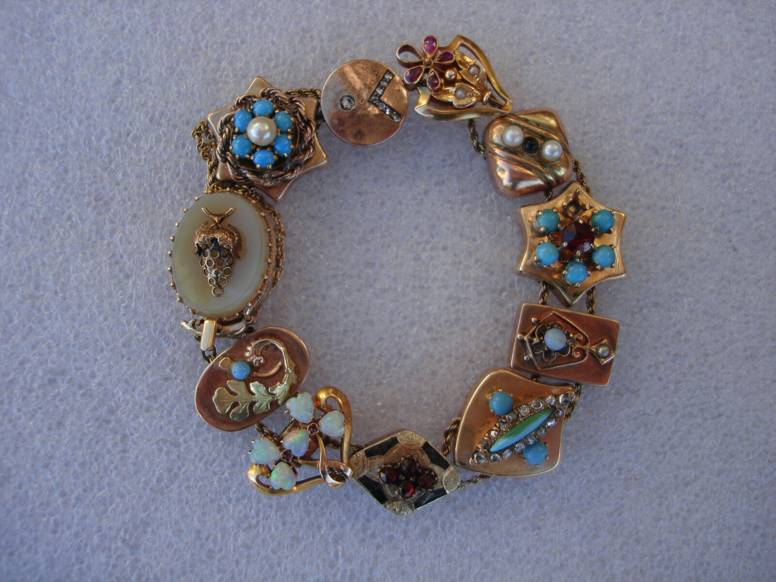 Victorian 14k Gold Turquoise Diamond Ruby Opal Garnet Jade Pearl Slide Bracelet