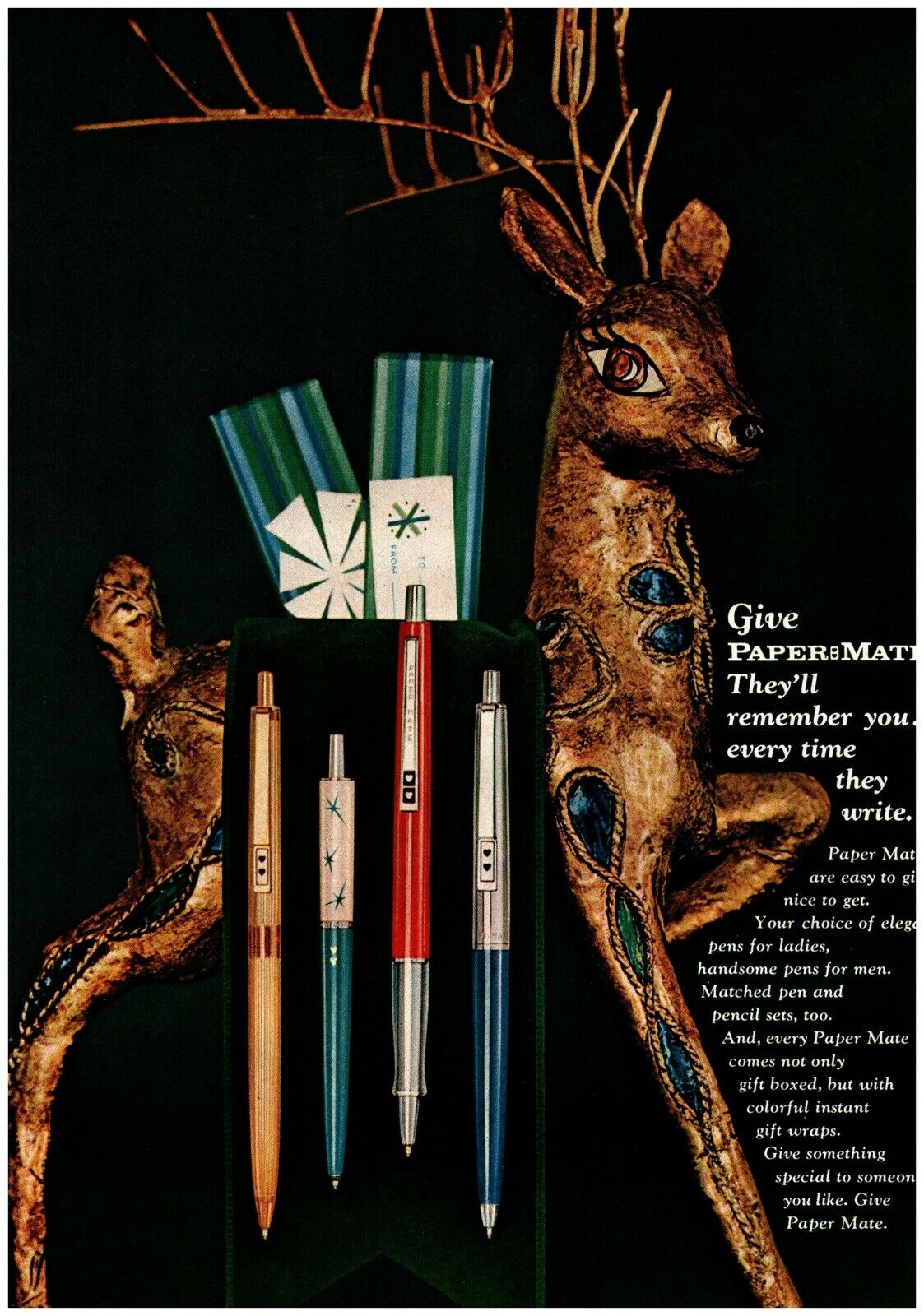 1966 Paper Mate Pens Vintage Print Ad Christmas Reindeer 