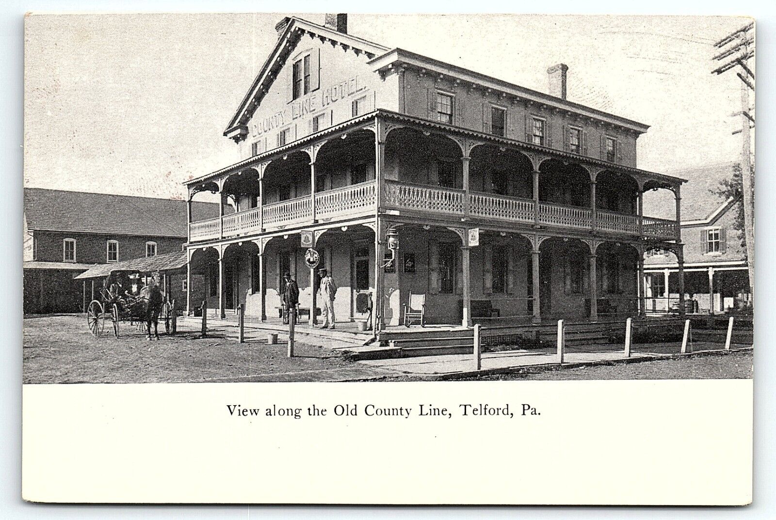 c1910 TELFORD PA COUNTY LINE HOTEL VIEW HORSE AND CARRIAGE EARLY POSTCARD P3995