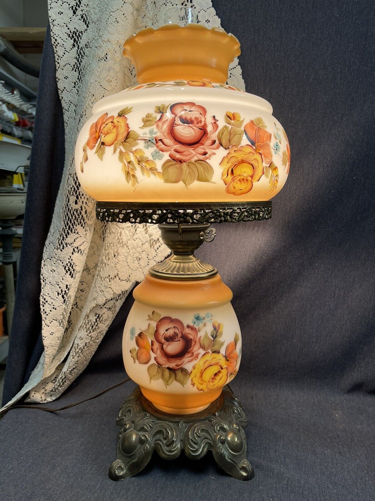 Unusual Large Falkenstein Vtg GWTW Hurricane Lamp Floral 25” Tall Hand Painted