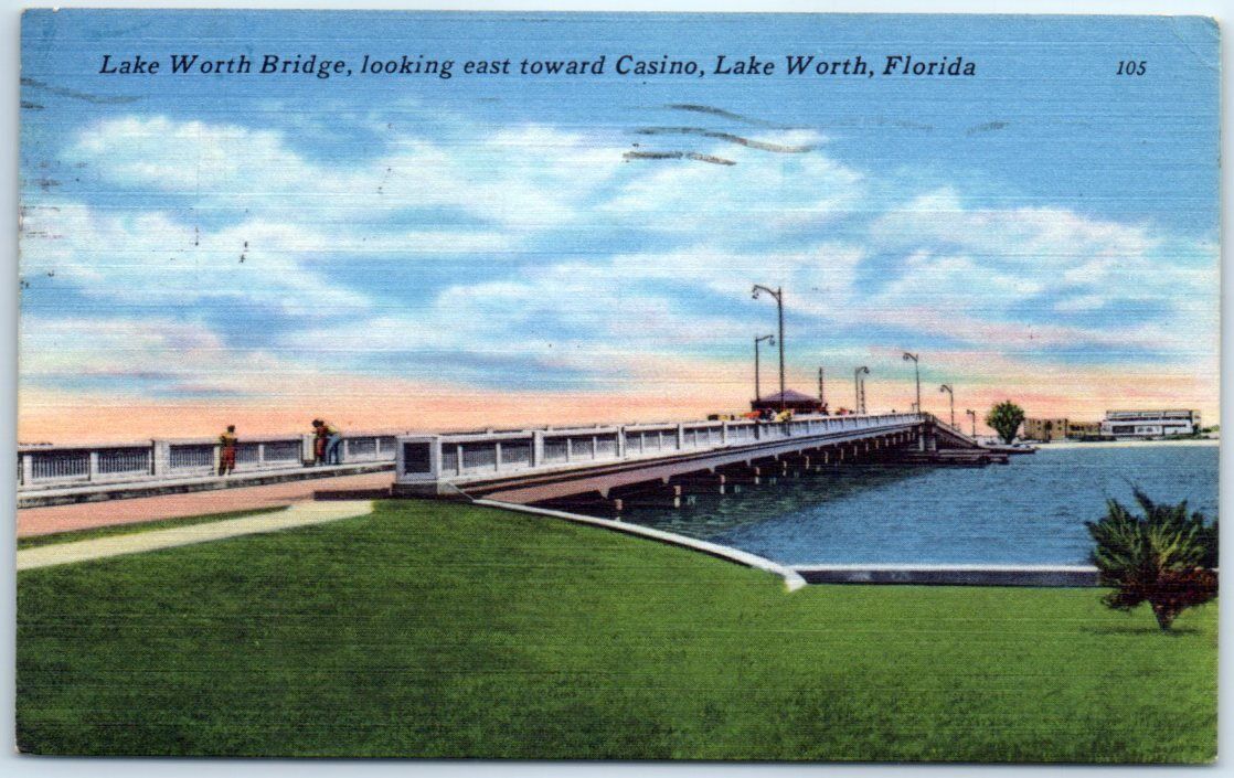 Postcard - Lake Worth Bridge, Looking East Toward Casino, Lake Worth, Florida